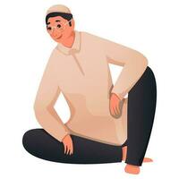 dessin animé personnage de musulman homme séance sur blanc Contexte. vecteur