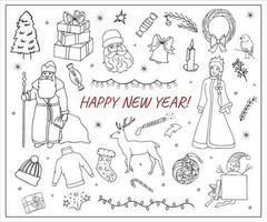 dessiné à la main vecteur Noël décoration. traditionnel russe Nouveau année personnages déd moroz et neige femme de ménage. Noël couronne, cerf, cadeaux, arbre, bonhomme de neige
