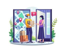 concept de services de livraison en ligne avec une femme recevant un colis du service de livraison de courrier par le biais de l & # 39; illustration vectorielle de smartphone vecteur