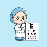 mignonne ophtalmologiste hijab femelle médecin kawaii chibi plat décrit personnage vecteur