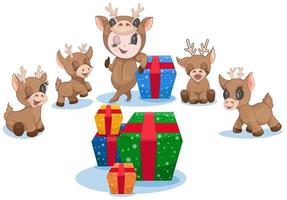 Image vectorielle de renne de Noël avec des cadeaux colorés et une fille habillée comme un cerf vecteur