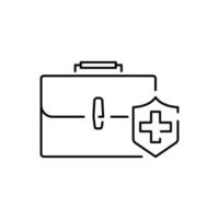 médical Assurance politique concept logo, médicament carte, vérifier en haut agrafe conseil, suite de prestations de service, vecteur ligne icône. sac. enregistrer et protéger.