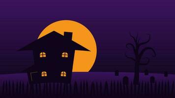 content Halloween vacances fête Contexte. hanté maison dessin animé sur collines avec plein lune dans nuit ciel vecteur