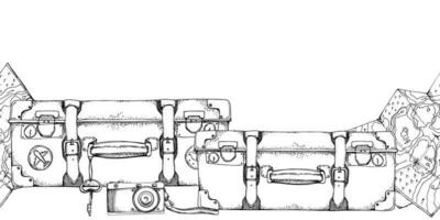 encre main tiré vecteur esquisser. sans couture bannière. ancien rétro bagage, bagages les valises avec autocollants, vieux caméra, carte. conception pour tourisme, voyage, brochure, mariage, guide, imprimer, carte, tatouage.