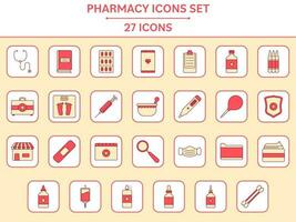 27 pharmacie carré icône ensemble dans rouge et Jaune couleur. vecteur