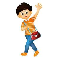 mignonne garçon en portant école sac dans en marchant pose. vecteur