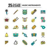 25 plat Icônes de coloré la musique instrument sur blanc Contexte. vecteur