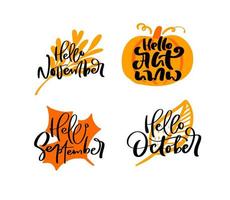 ensemble de phrases d'automne de calligraphie de vecteur avec des feuilles d'automne fond orange. illustration de lettrage dessiné à la main pour carte de voeux isolée. parfait pour les vacances, le jour de Thanksgiving