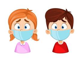 garçon et fille dans des masques médicaux. protection antivirus vecteur