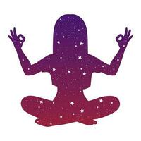 yoga fille silhouette avec étoiles dans lotus position isolé. élégant tatouage, autocollant ou impression conception vecteur illustration