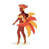 magnifique Jeune femelle portant plume costume dans permanent pose. carnaval ou samba Danse concept. vecteur