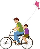 Jeune homme et garçon équitation vélo ensemble avec en volant une cerf-volant. vecteur