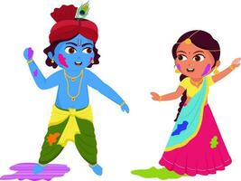 illustration de peu Seigneur krishna et radha personnage en jouant couleurs ensemble pour content Holi concept. vecteur
