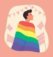 gay homme enveloppé dans arc en ciel drapeau pour lgbt gay fierté fête concept illustration vecteur