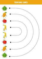 écriture entraine toi avec mignonne kawaii des fruits. tracé lignes pour enfants d'âge préscolaire. vecteur