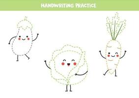 écriture entraine toi avec mignonne kawaii des légumes. tracé lignes pour enfants d'âge préscolaire. vecteur illustration.