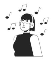 asiatique fille profiter la musique Beats bw vecteur place illustration. écouteurs Jeune femme 2d dessin animé plat ligne monochromatique personnage pour la toile ui conception. mélomane modifiable isolé contour héros image