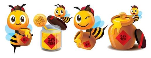 dessin animé mignon abeille célébrant le nouvel an chinois avec couplet chinois sur des pots de miel vecteur