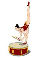 gymnaste avec clubs permanent sur une tambouriner. rythmique gymnastique, cirque. vecteur dessin. tambour est le séparé objet.