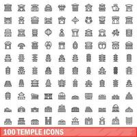 100 temple Icônes ensemble, contour style vecteur