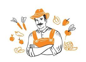 agriculteur dans une chapeau avec une ensemble de légumes.vecteur illustration. vecteur