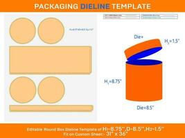 crème boîte, rond couvercle cadeau boîte dieline modèle avec le dimension h1 8.75xd 8.5xh2 1,5 pouce vecteur
