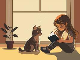 Jeune fille personnage en train de lire une livre avec mignonne chat séance, plante vase sur fenêtre marron et Jaune Contexte. vecteur