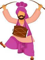 dessin animé punjabi homme en jouant dhol dans bhangra Danse plus de blanc Contexte. vecteur