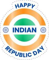 Indien, content république journée avec circulaire drapeau dans tricolore autocollant style. vecteur