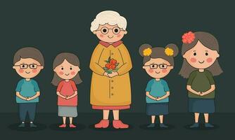 personnes âgées femme en portant des roses et les enfants personnage permanent ensemble sur foncé Contexte. vecteur