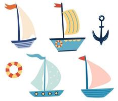 navires mignons voiliers yachts ensemble de dessins de bateaux petits navires au design plat mignon transport maritime dessin animé icônes marines fixés pour cartes enfants t-shirt imprime illustration vectorielle de collection enfantine vecteur