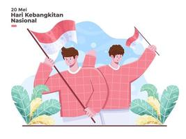 Journée nationale de l'éveil indonésien au 20 mai illustration avec des personnes tenant le drapeau national de l'Indonésie 10 mei memperingati hari kebangkitan nasional indonésie vecteur