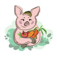 mignonne porc personnage avec des légumes et des fruits vecteur illustration isolé sur blanc background.friends ne pas nourriture.caricature cochon. la nature le respect concept et végétalien mode de vie