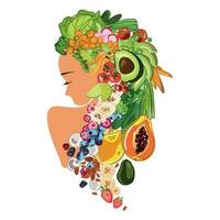 Jeune en bonne santé femme abstrait portrait avec des fruits des légumes et baies sur sa tête.véganisme et végétarisme concept.propre nourriture et en bonne santé mode de vie.vegan fille vecteur logo, emblème, impression conception