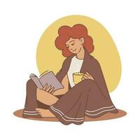 le fille lit une livre et les boissons une chaud boisson de une tasse, une couverture est jeté plus de le Haut. confortable femme vecteur illustration dans chaud couleurs.