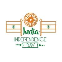 Independece Day Inde célébration avec ashoka chakra et icône de style de ligne de drapeaux vecteur