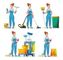ensemble de nettoyage un service femme avec différent équipement. femelle concierge dessin animé personnage vecteur
