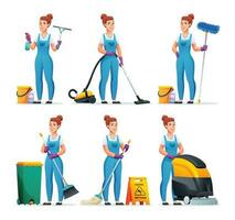 ensemble de nettoyage un service femme avec différent équipement. femelle gouvernante dessin animé personnage vecteur