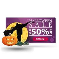vente d'halloween jusqu'à 50 hors bannière 3d moderne violet avec épouvantail et jack citrouille contre la lune vecteur