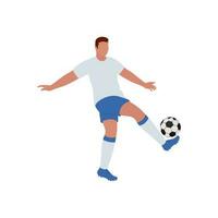 dessin animé football joueur coups de pied Balle sur blanc Contexte. vecteur