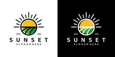 le coucher du soleil logo conception modèle avec les terres agricoles paysage graphique conception vecteur illustration. symbole, icône, créatif.