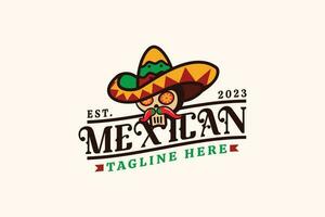 mexicain restaurant logo avec une combinaison de une crâne, sombrero chapeau, et herbes dans ancien style. vecteur