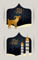 carte de célébration eid al adha avec chèvre dorée et tours de mosquée vecteur