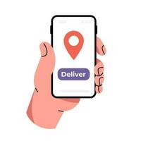 une Humain main est en portant une téléphone intelligent. en ligne livraison de le magasin. commande par courrier maison. géolocalisation icône vecteur