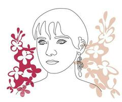 ligne dessin, femelle visage dessin, mode, cheveux salon, spa, minimaliste femelle beauté. abstrait floral pastels. une dessiné à la main dessin dans un doubler. vecteur portrait illustration