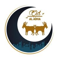 carte de célébration eid al adha avec lune et agneaux vecteur