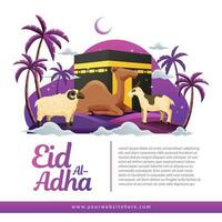 eid Al adha social médias bannière modèle avec sacrifice animal paume arbre croissant lune et kaaba Contexte vecteur