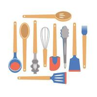 vaisselle une ensemble de cuisine ustensiles, une louche, cuillères, pinces, une cuisine brosse, une fouet, une spatule. vecteur