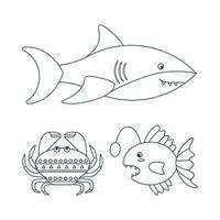 ensemble de Marin éléments poisson, requin, Crabe dans plat dessin animé style. ligne art. vecteur