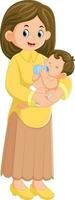 une content mère est en portant sa bébé garçon et alimentation lui une bouteille vecteur